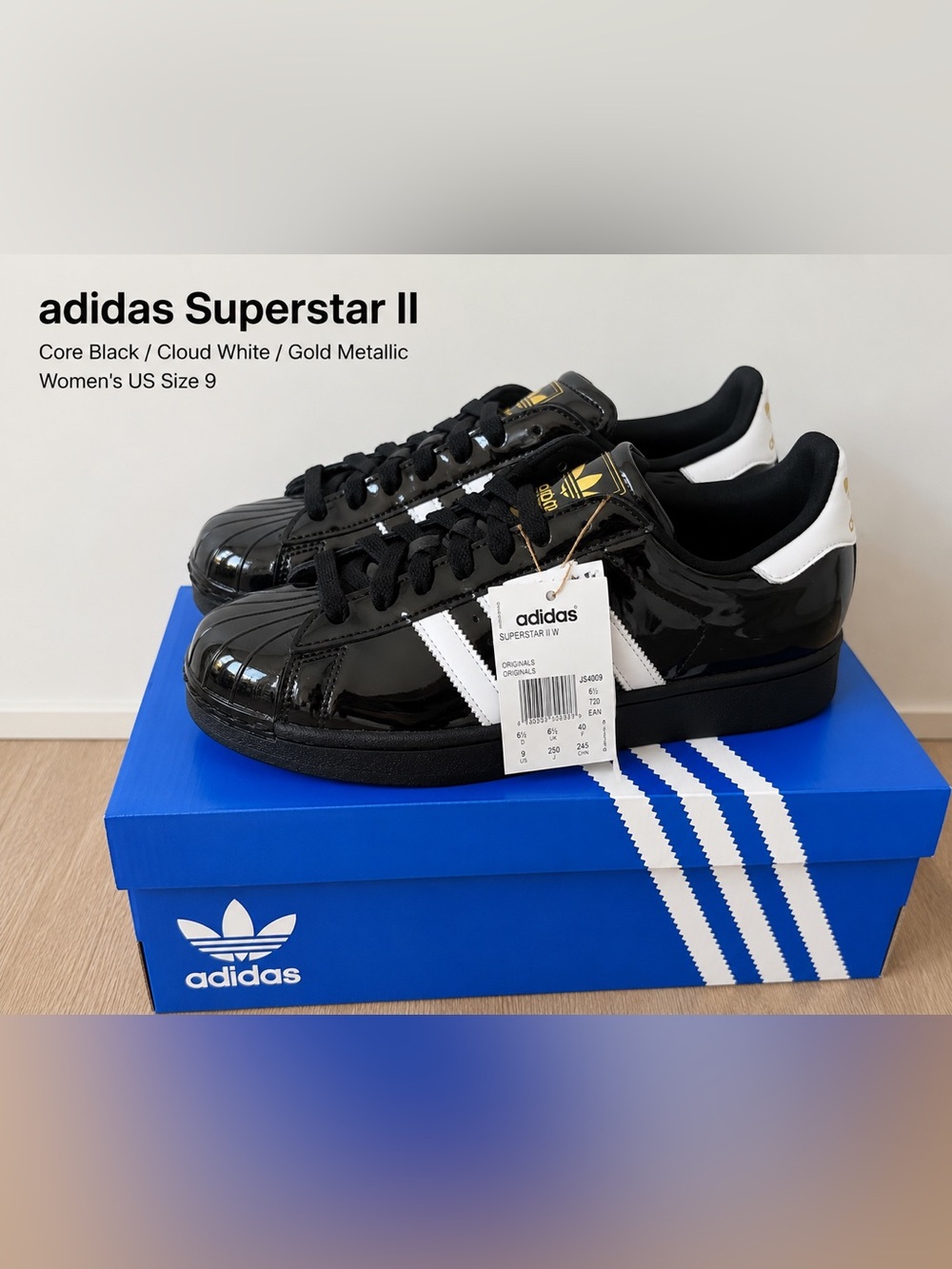 ⭐ adidas Superstar II Black Patent Gold Metallic Women’s Size 9 – Brand New ⭐